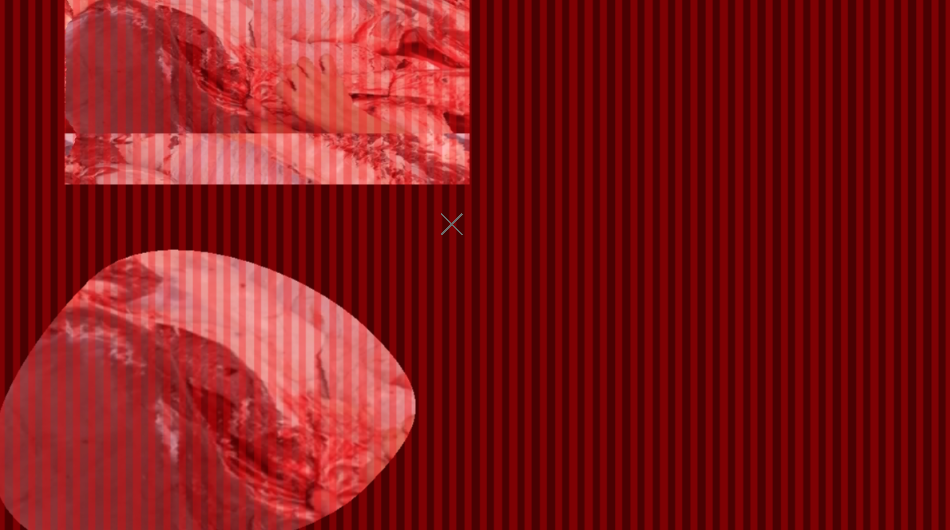 rote Streifen auf schwarzem Hintergrund mit Ausschnitten von Händen und Stoffen in den linken Ecken