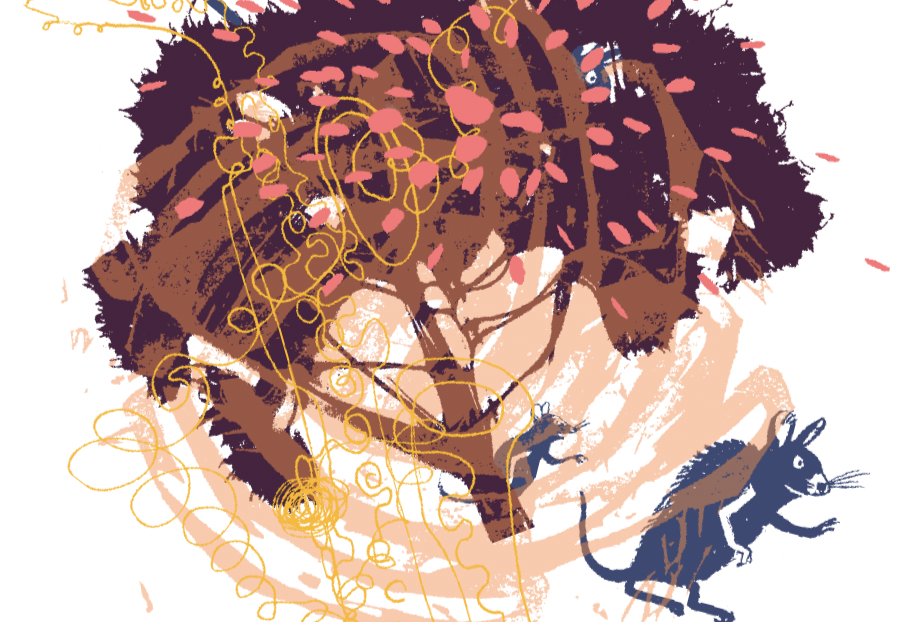 Zeichnung eines dunkelblauen Baums, mit pinken Spritzern und zwei blauen Mäusen, sowie die feinen Linien eines Saxophons